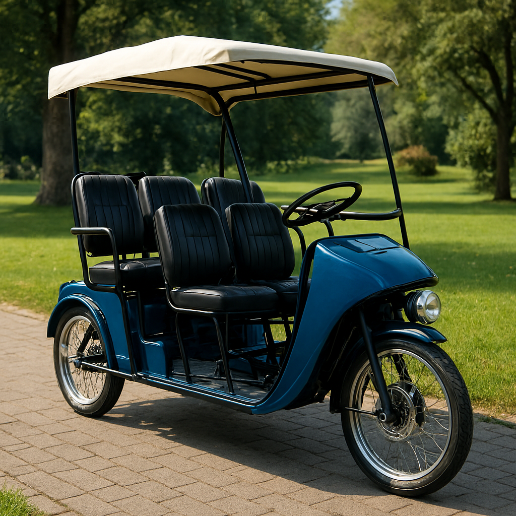 A two-wheeler with 4 seats, a steering wheel and a canvas roof.